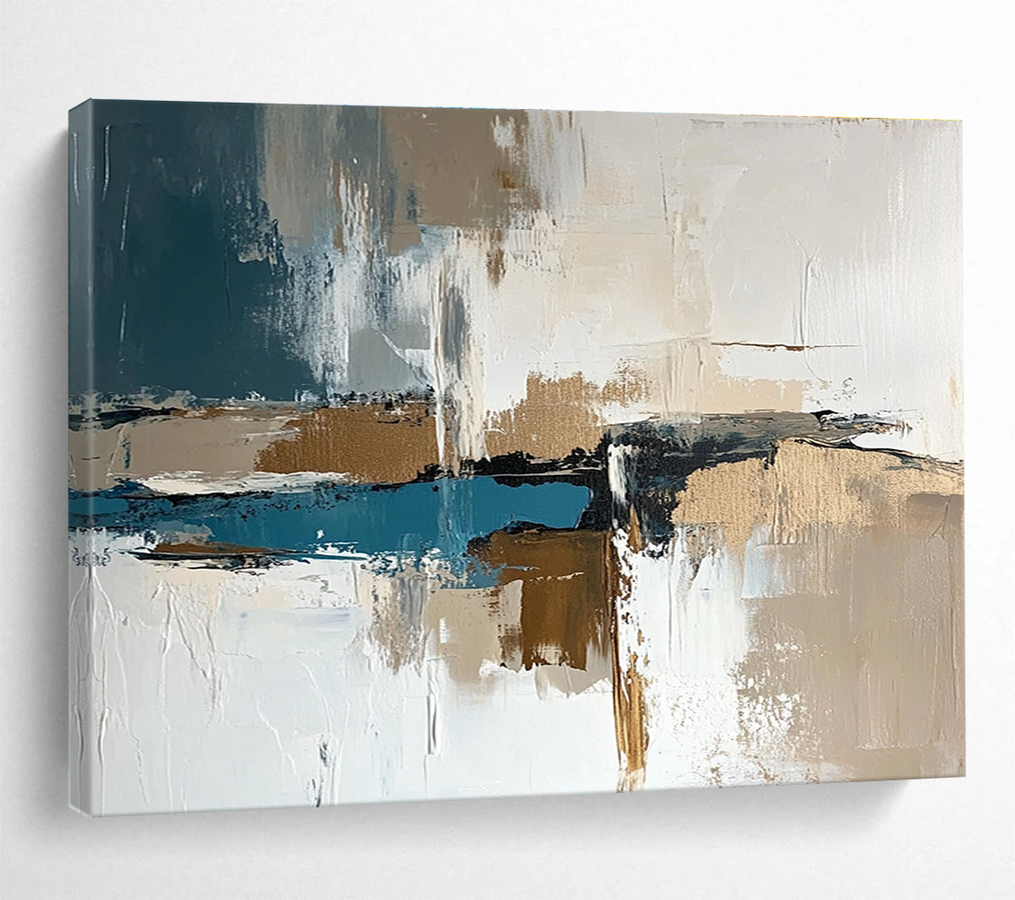 Large abstract painting in white and brown with teal accents featuring thick brush strokes and neutral tones perfect for modern decor.SC313