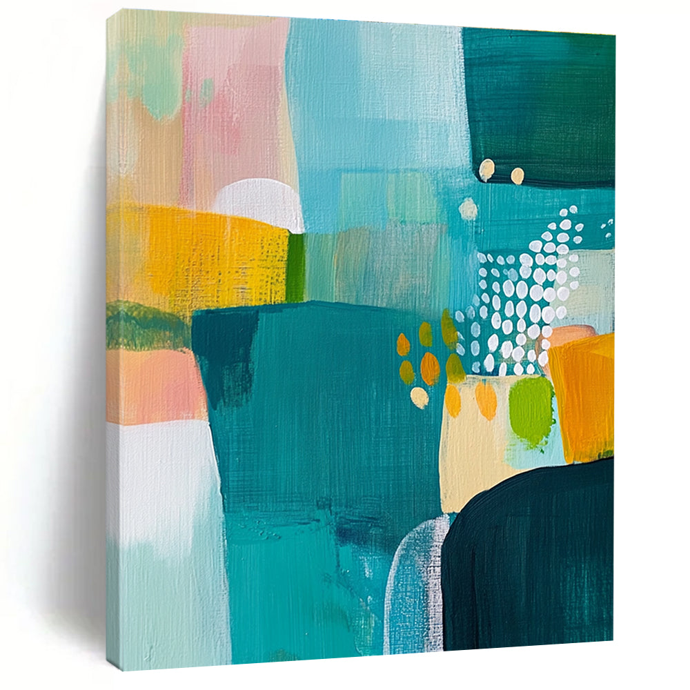 Large abstract painting featuring a landscape in teal yellow and green complemented by white dots and bold expressive brush strokes.STSC608