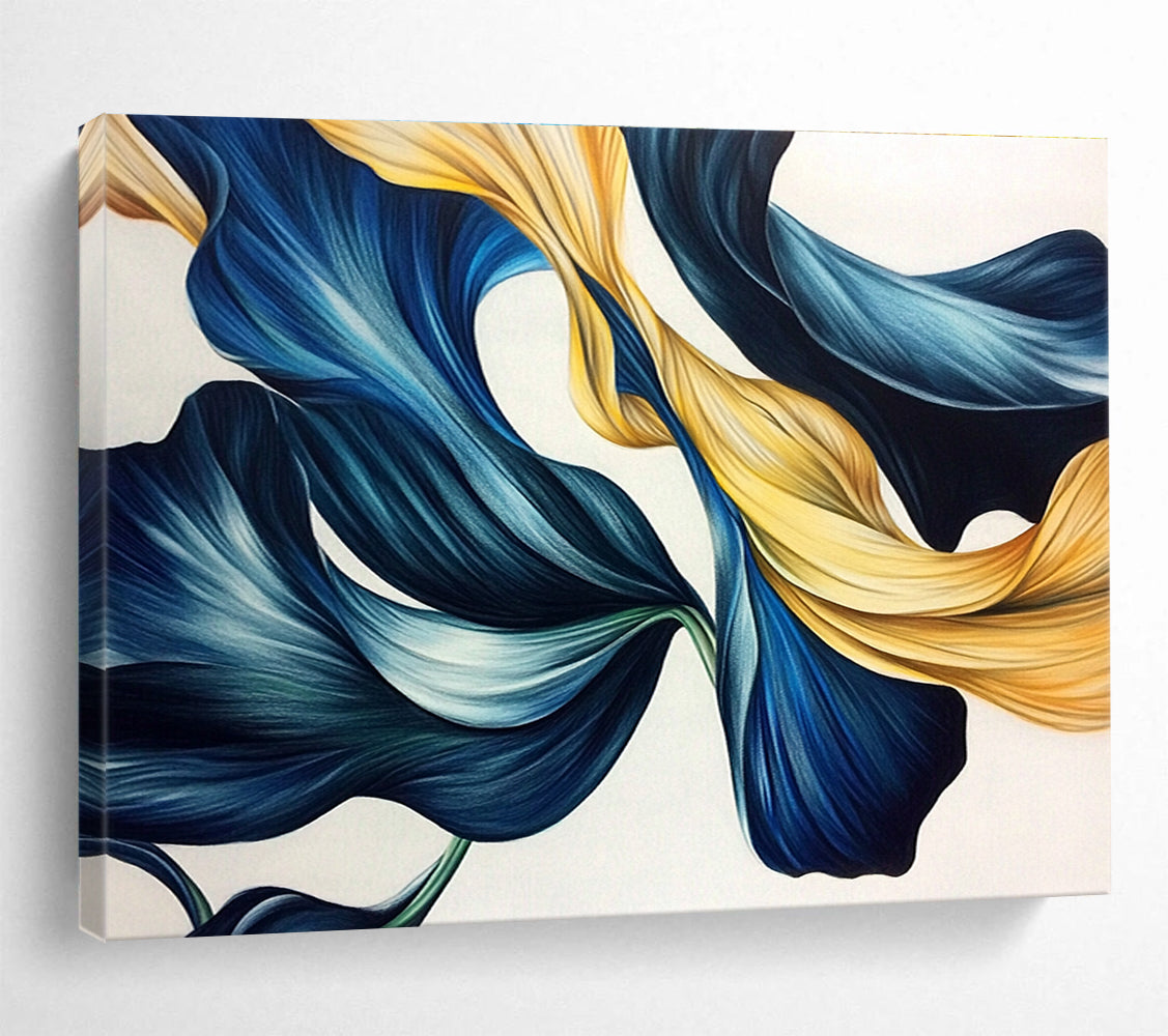An abstract drawing of blue and gold tulip leaves with flowing lines in dark green and light gray on a white background.SC583