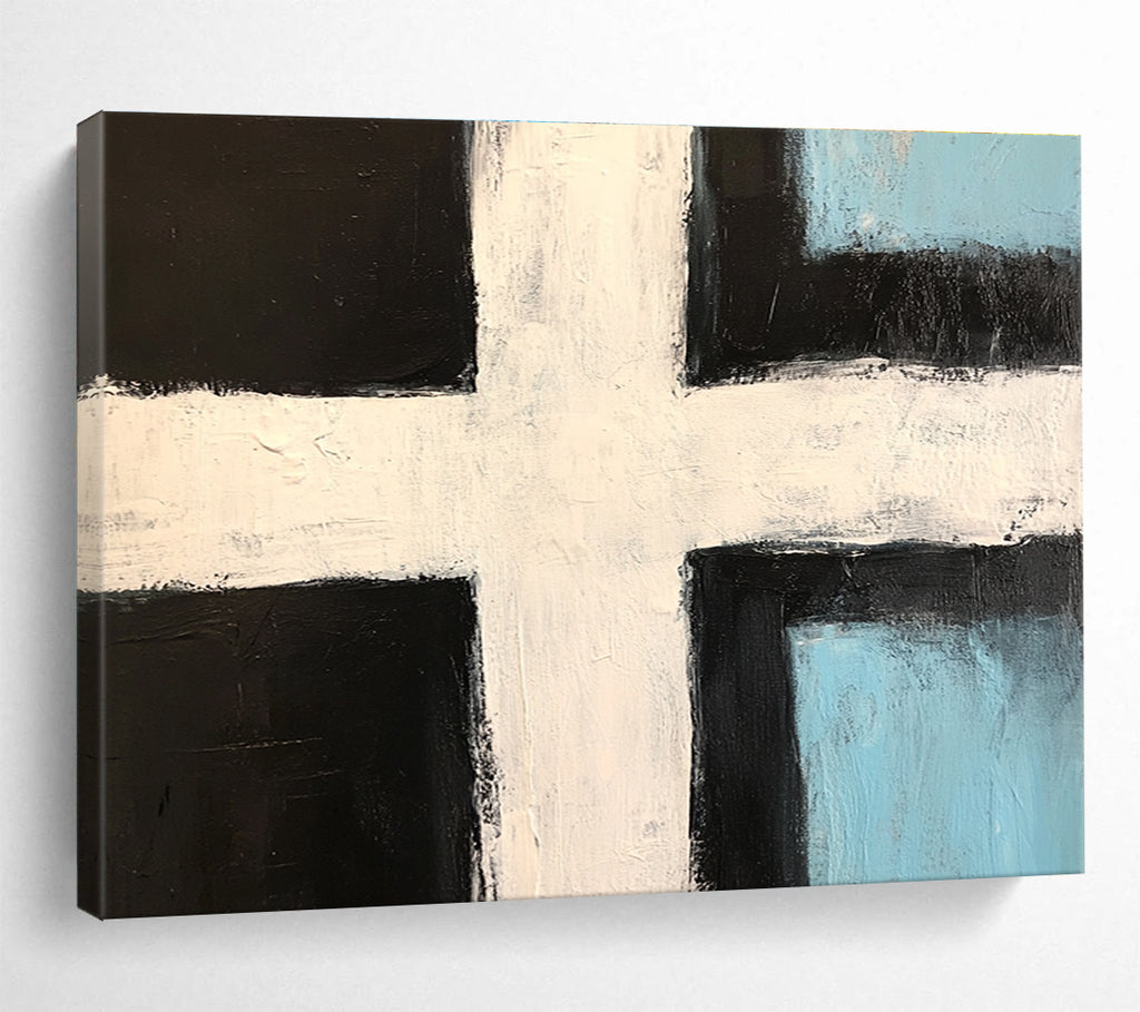 Abstract painting featuring a bold black and white cross with light blue accents and thick brush strokes in a minimalistic style.SC168