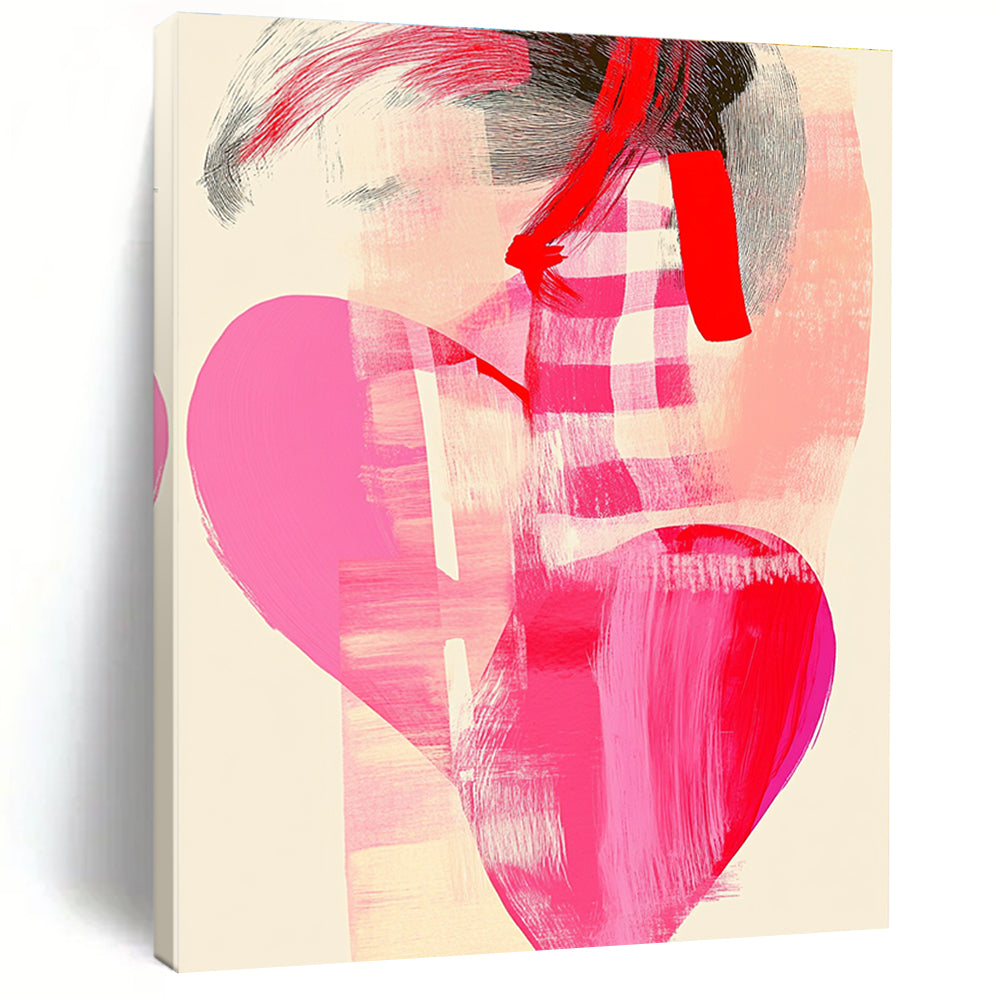 A large abstract painting featuring a pink heart and checkered pattern with organic chest shapes in soft pastels and red line art.STSC858