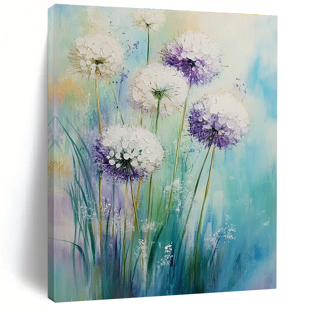 Large abstract painting of white alliums with purple accents on an aquamarine lavender background featuring soft brushstrokes and a dreamy Impressionist atmosphere.STSC1148