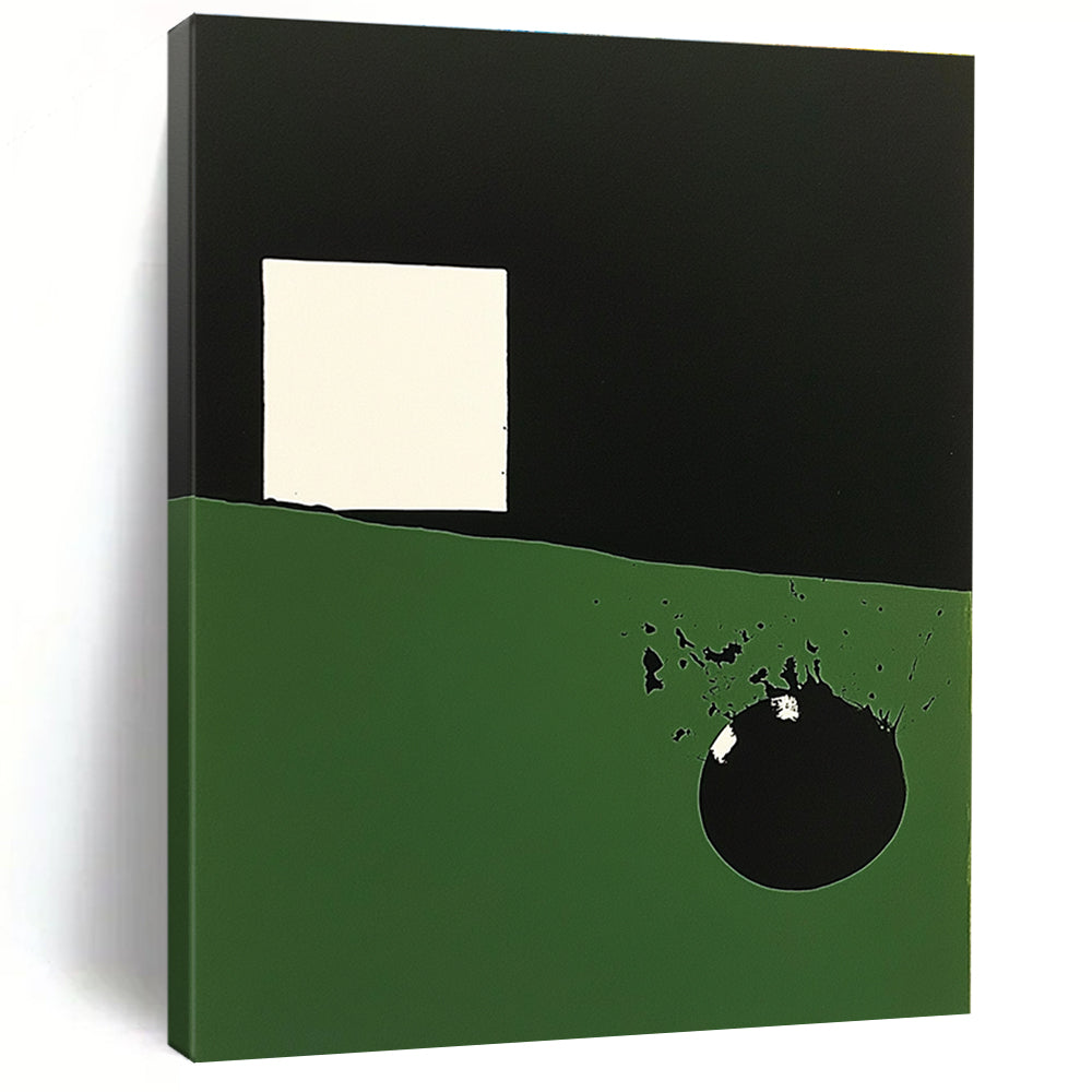 Large abstract painting featuring dark green and black shapes a white irregular square and a prominent circle with black overlay.STSC130