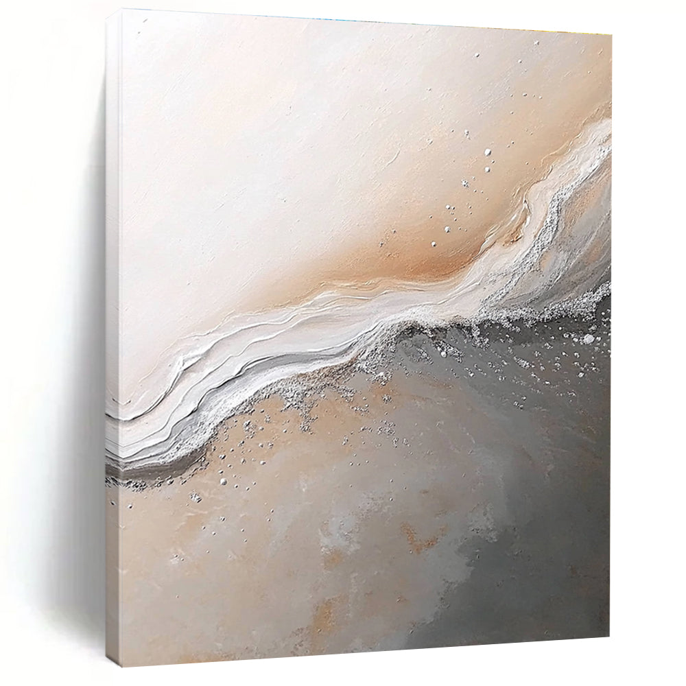 Large abstract painting of Jupiter's surface in gray beige and white with silver details evoking a calm serene atmosphere.STSC014
