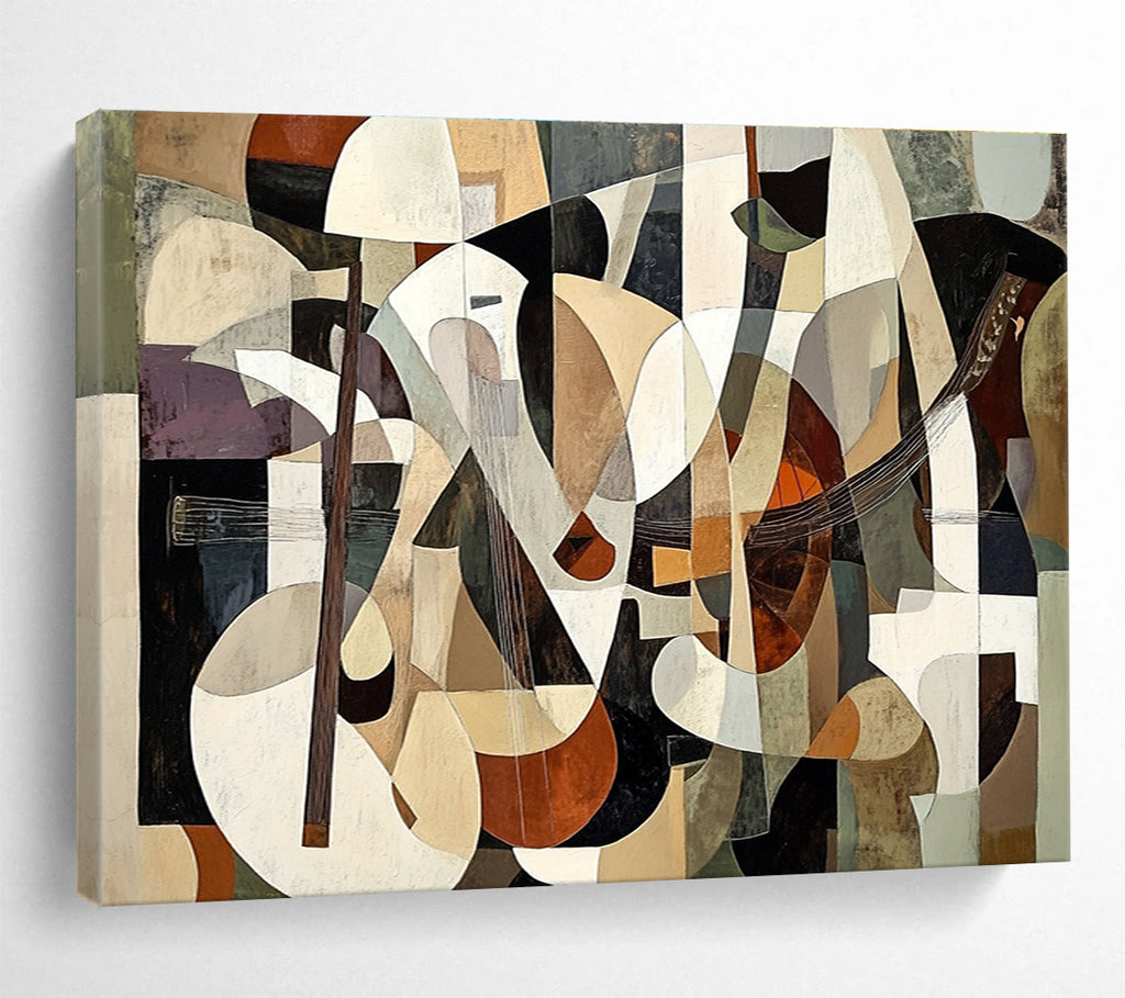 Large abstract painting featuring layered shapes in brown and beige with figures playing instruments in a cubist style, creating depth and illusion.SC395