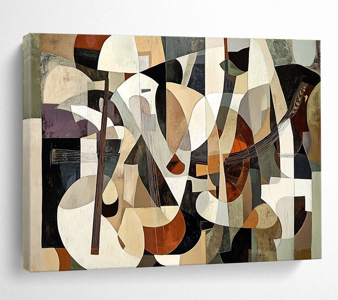 Large abstract painting featuring layered shapes in brown and beige with figures playing instruments in a cubist style, creating depth and illusion.SC395