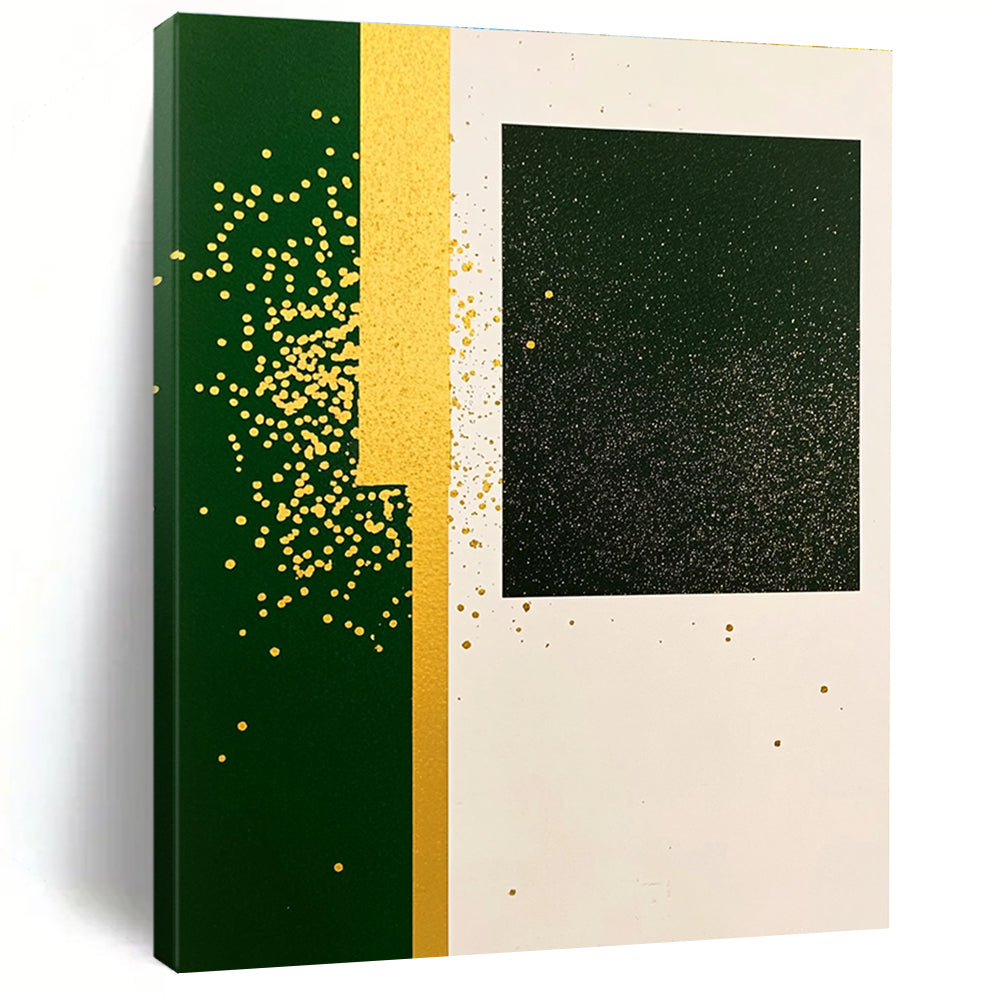A large abstract painting featuring green rectangular paper with yellow speckles and gold glitter in a minimalistic collage style with simple shapes.STSC1011