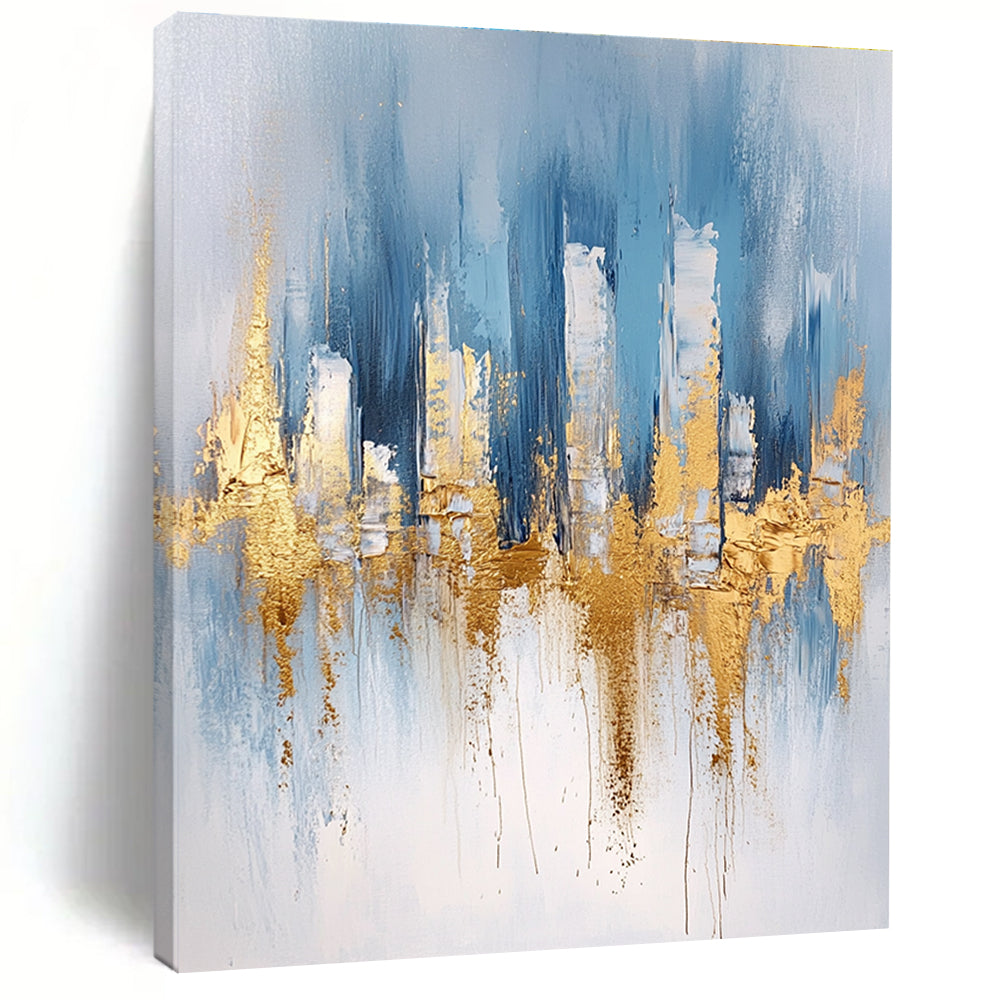 Large abstract blue and gold painting with urban landscape details light gray brushstrokes and elegant gold foil accents on canvas edges.STSC033