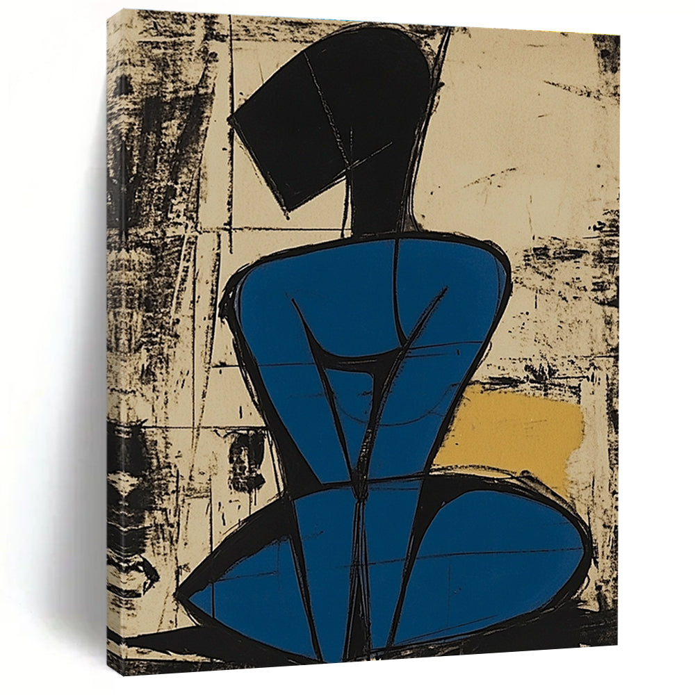 Abstract painting featuring a blue-bodied figure with simplified lines and short hair sitting on her knees against a vibrant background.STSC984