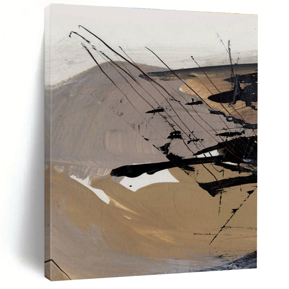 Earth - toned Abstract with Dynamic Black Lines Painting ADGE201