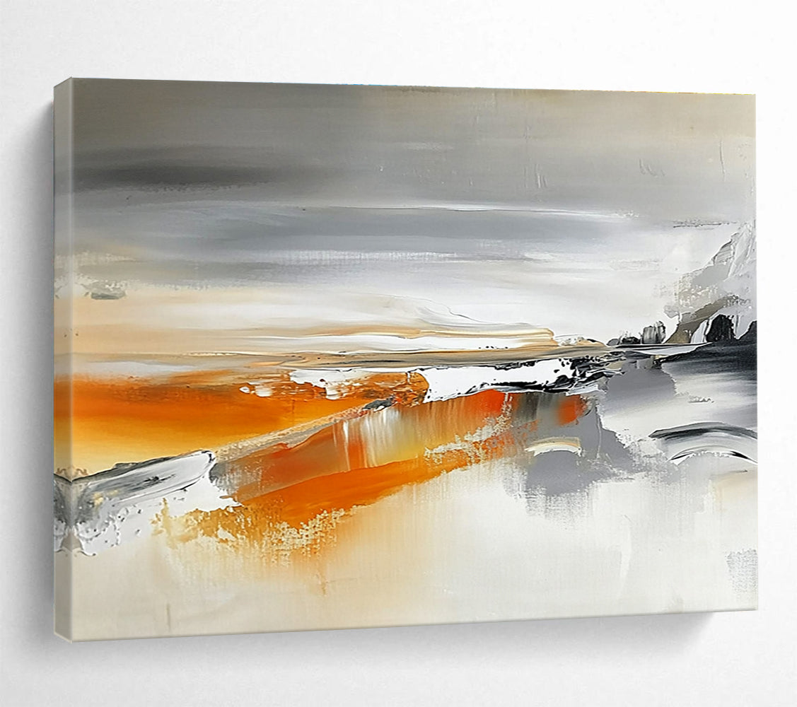 Gray and Orange Abstract Landscape Painting with Flowing Textures DYP316