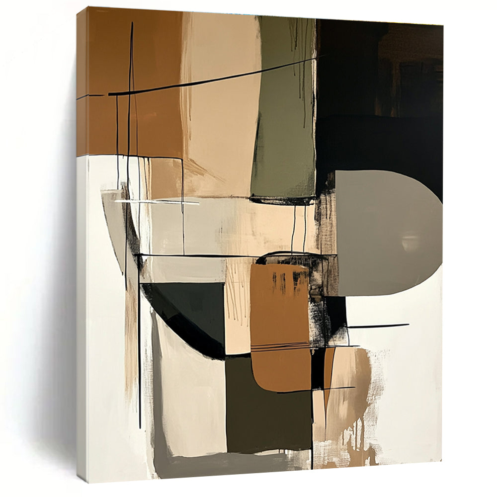 Large abstract painting featuring shapes in beige black and brown that adds sophistication to any space.STSC793