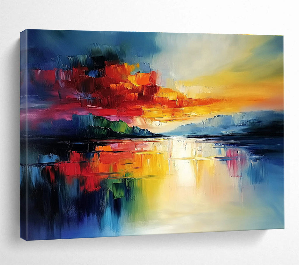 Bold Color Block Sunset Abstract Painting with Vivid Reds Oranges and Blues DYP236