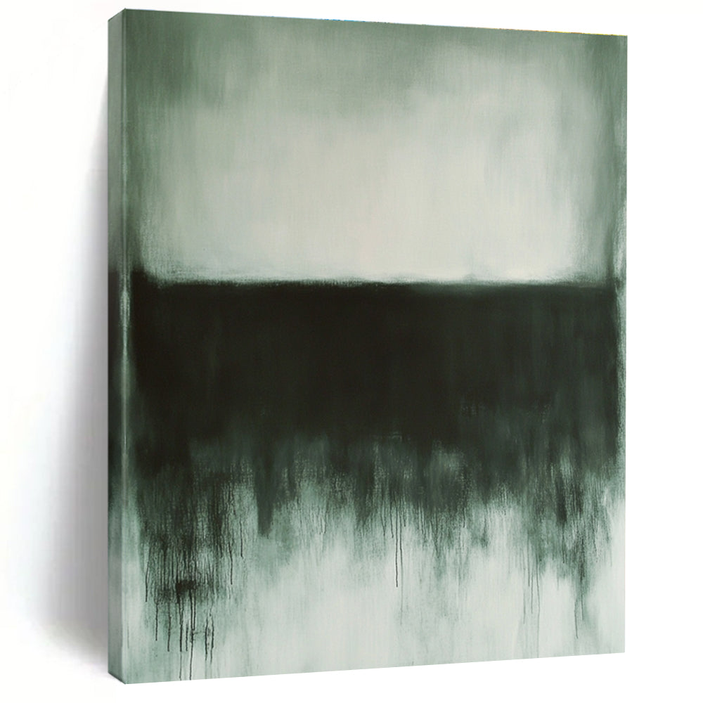Large abstract painting in gray and white tones evoking calmness with dark gray and light green elements and textured details in the corner.STSC757