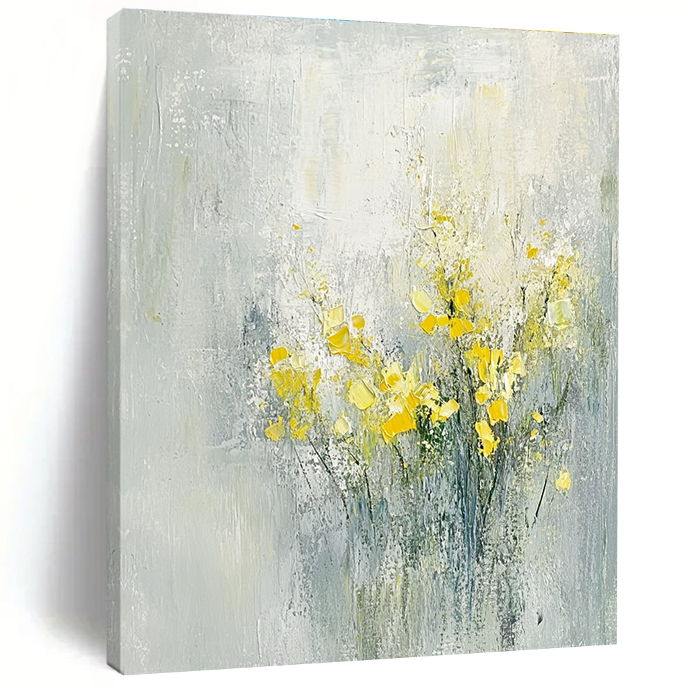 Abstract oil painting of flowers in light gray and yellow hues capturing a serene spring theme inspired by Zao Wou-Ki.STSC185