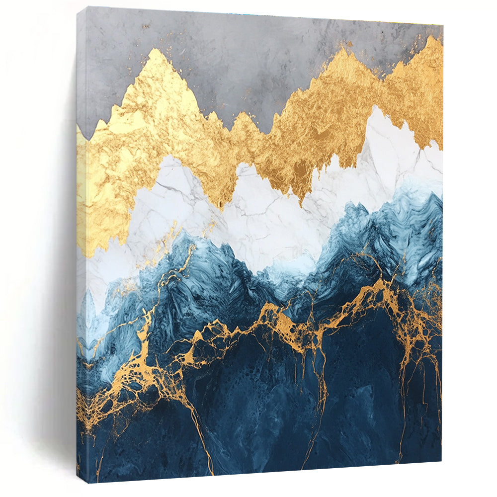 Large abstract marble and gold painting of mountains in deep blue and white with golden accents showcasing luxurious texture and detailed elegance.STSC123