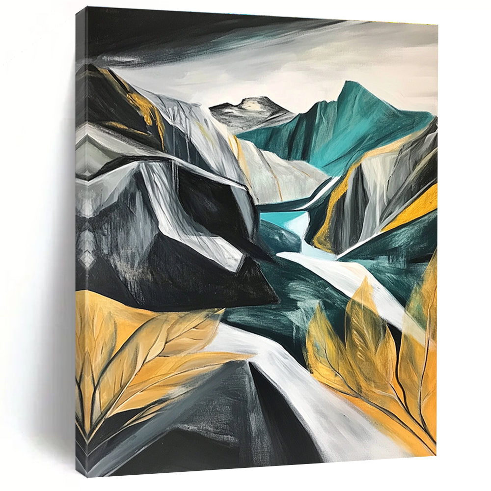 Large abstract painting of mountains and rocks featuring grey white teal gold black and green with a low angle close-up of leaves and a snow storm.STSC191