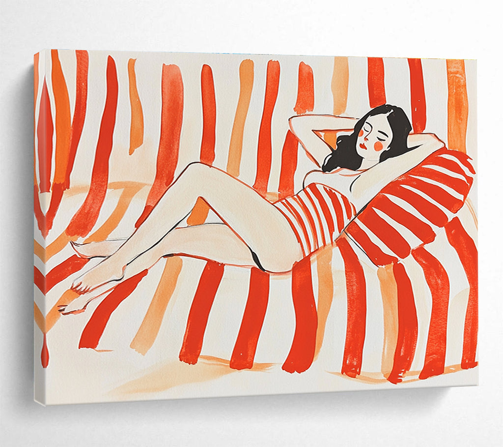 Woman Lounging on Stripes Abstract Painting with Red and White DYP164