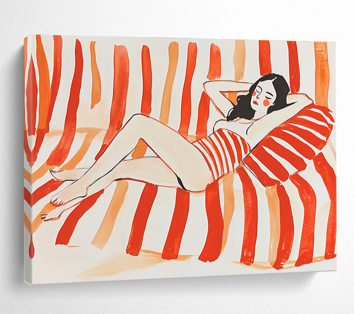 Woman Lounging on Stripes Abstract Painting with Red and White DYP164