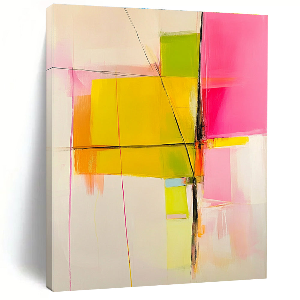 Large abstract painting with pink yellow and green color blocks and lines on a white background featuring warm tones and minimalist brushstrokes.STSC443