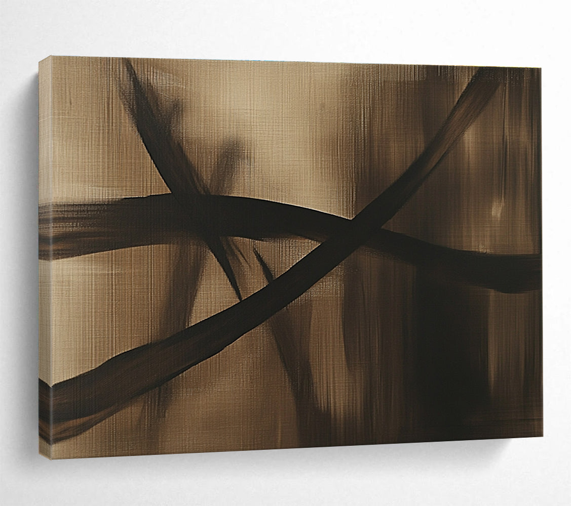 Large abstract painting in brown and black tones featuring a dragonfly silhouette and flowing lines on a dark gray background, exuding mystery and simplicity.SC586