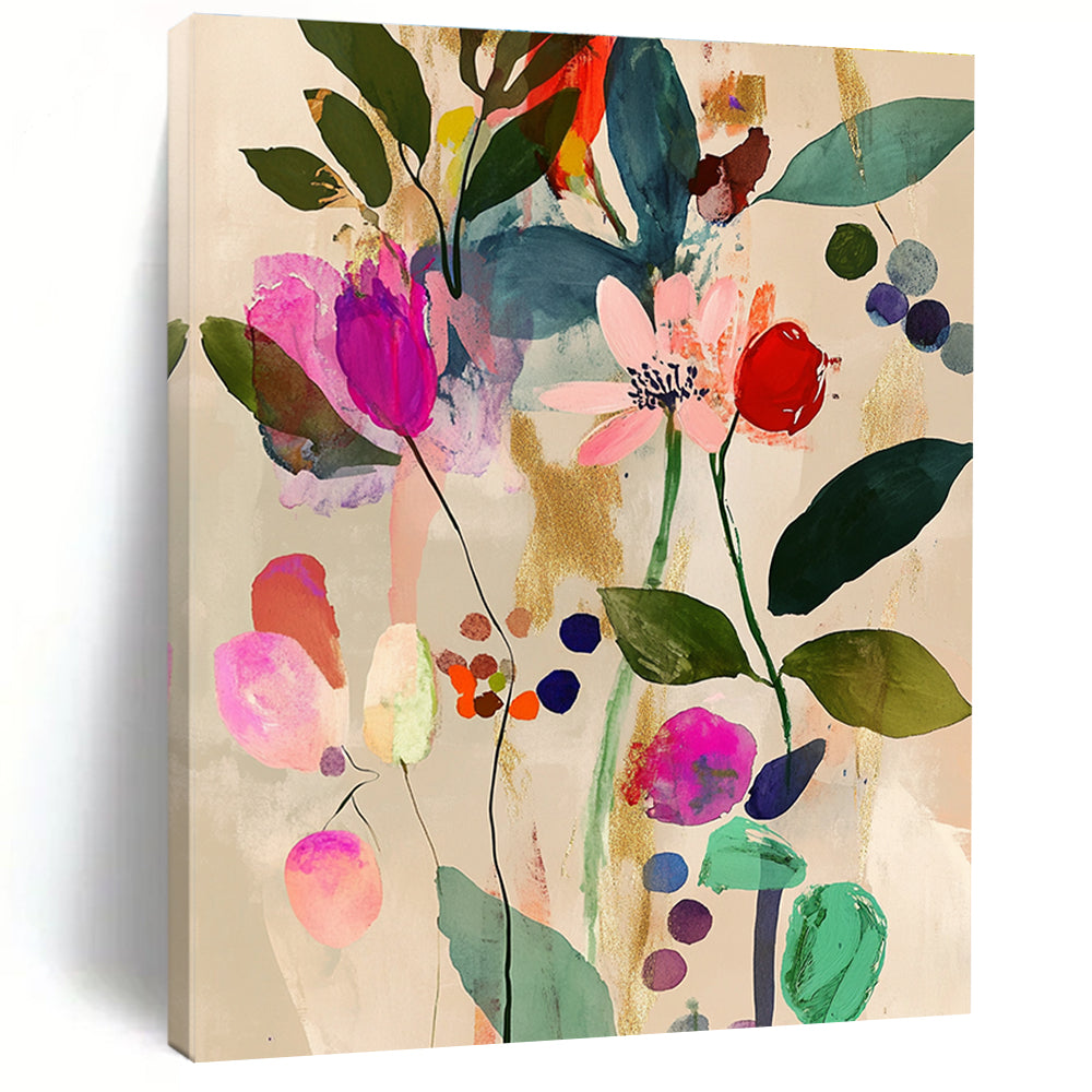 Abstract painting featuring pink and green leaves flowers and berries in a Matisse style with watercolor and gold foil on a beige background.STSC043