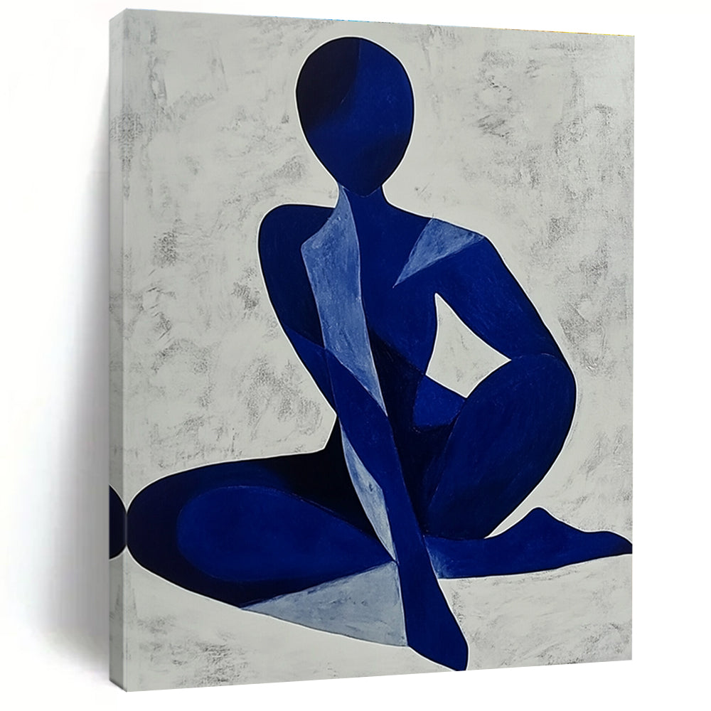 Abstract painting of a blue woman’s body, minimalist style with monochrome colors on light grey background, perfect for modern decor.STSC1405