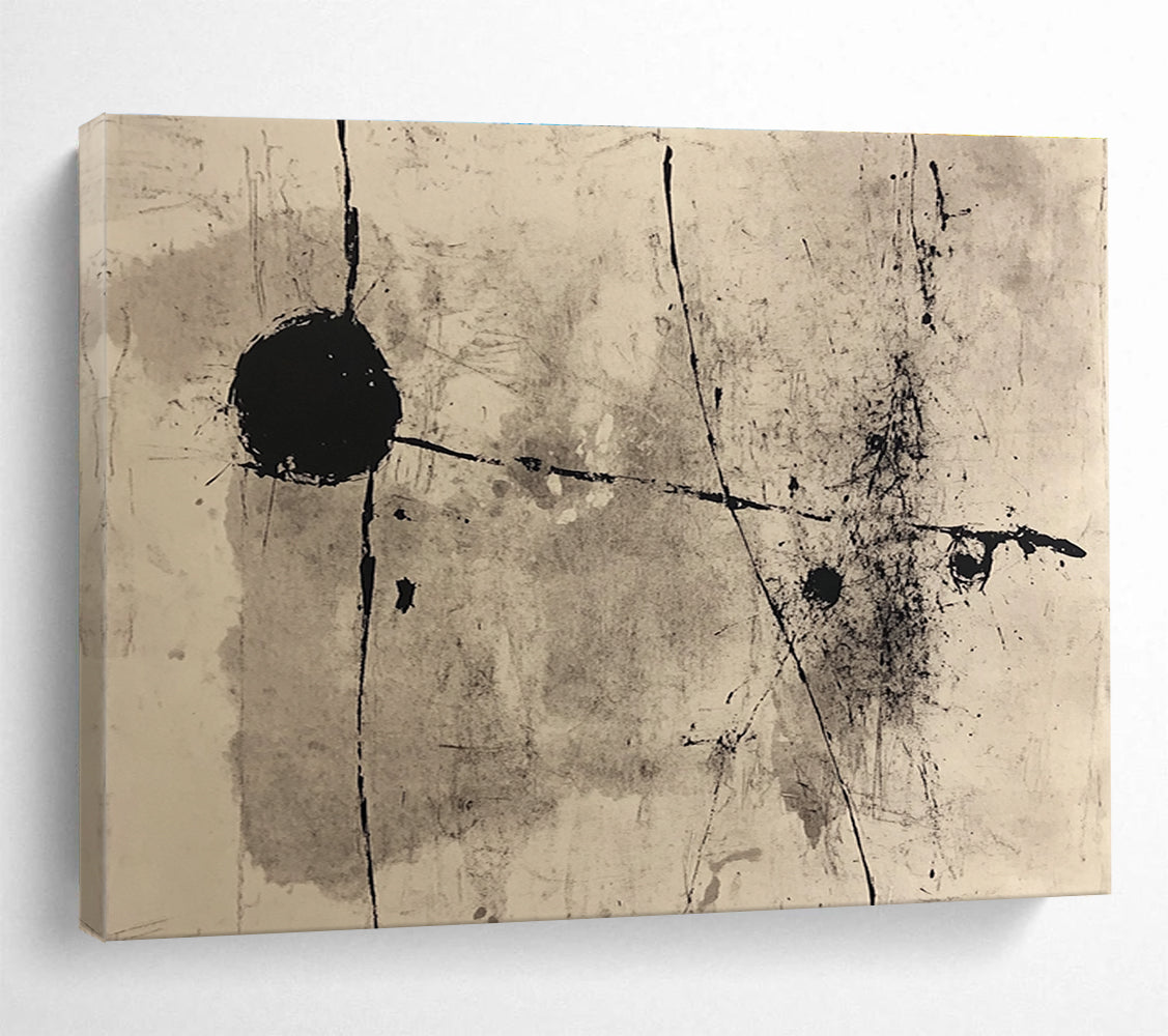 Large abstract painting with black ink, lines and shapes inspired by John Rolf Bauer, featuring neutral tones on paper.SC093