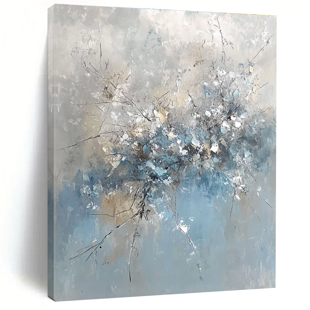 Blue and Gray Abstract Floral Painting with Textured Blooms GER653