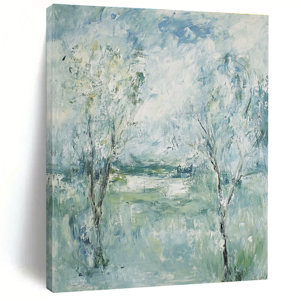 Large abstract painting featuring trees and grass under a blue sky with green and white clouds in an Impressionist style.STSC352