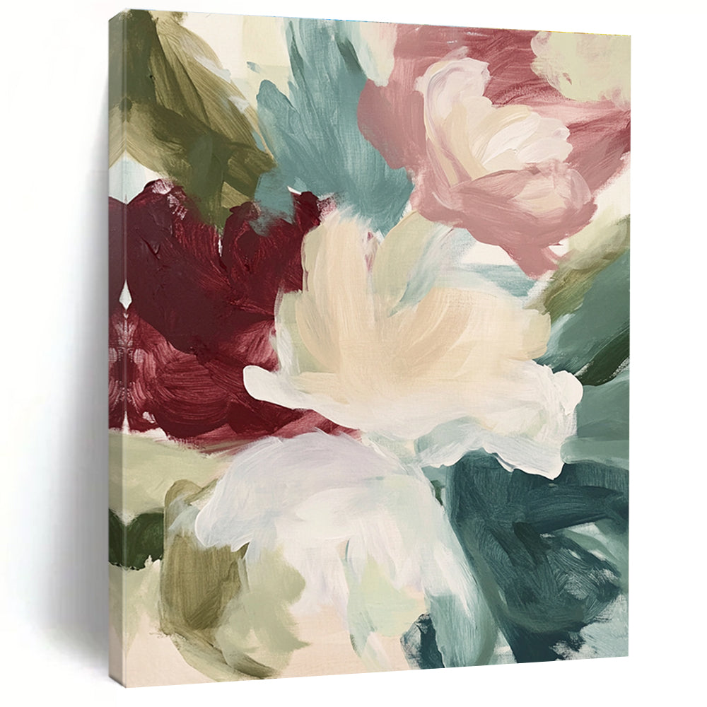 Large abstract floral painting in soft creams and sage greens with large brush strokes of maroon navy blue and minty pink for a serene garden view.STSC558