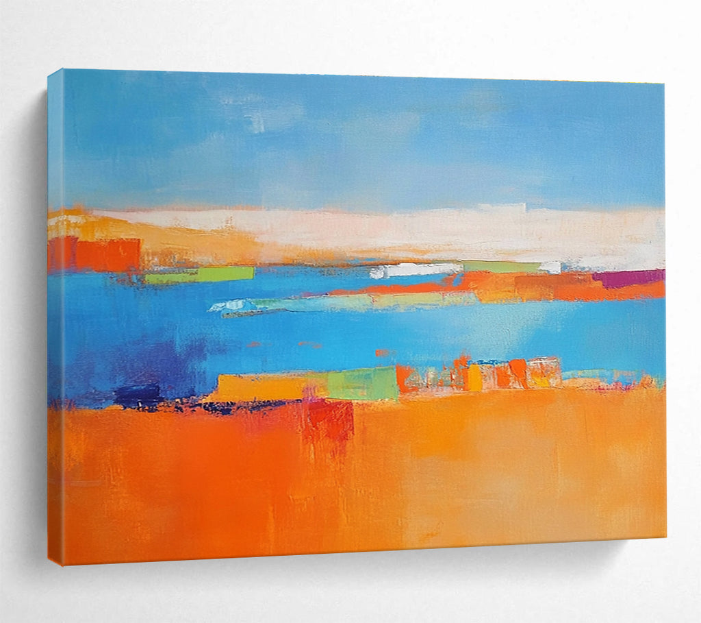 Large abstract painting featuring a soft blue background vibrant oranges geometric patterns warm yellows with green shapes and white figures symbolizing nature.SC060