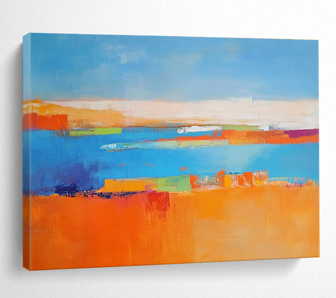 Large abstract painting featuring a soft blue background vibrant oranges geometric patterns warm yellows with green shapes and white figures symbolizing nature.SC060