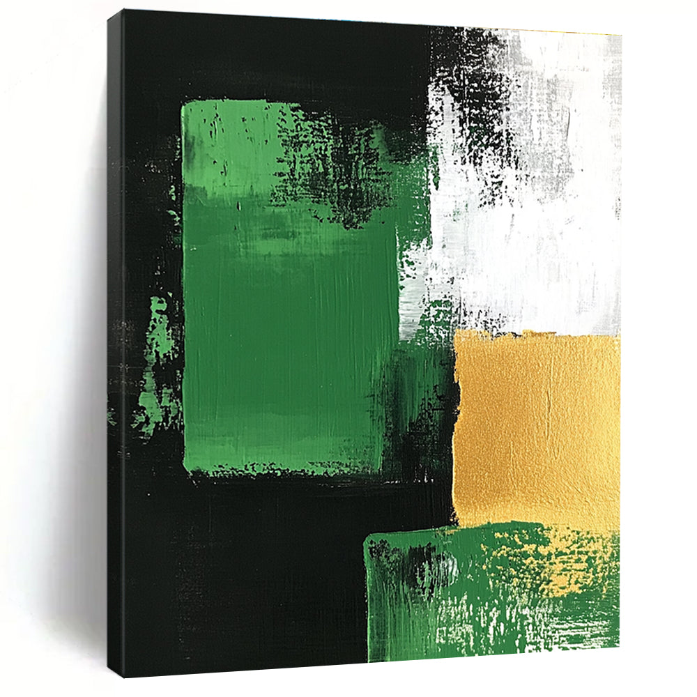 Green Gold and Black Abstract Painting with Bold Geometry GER678