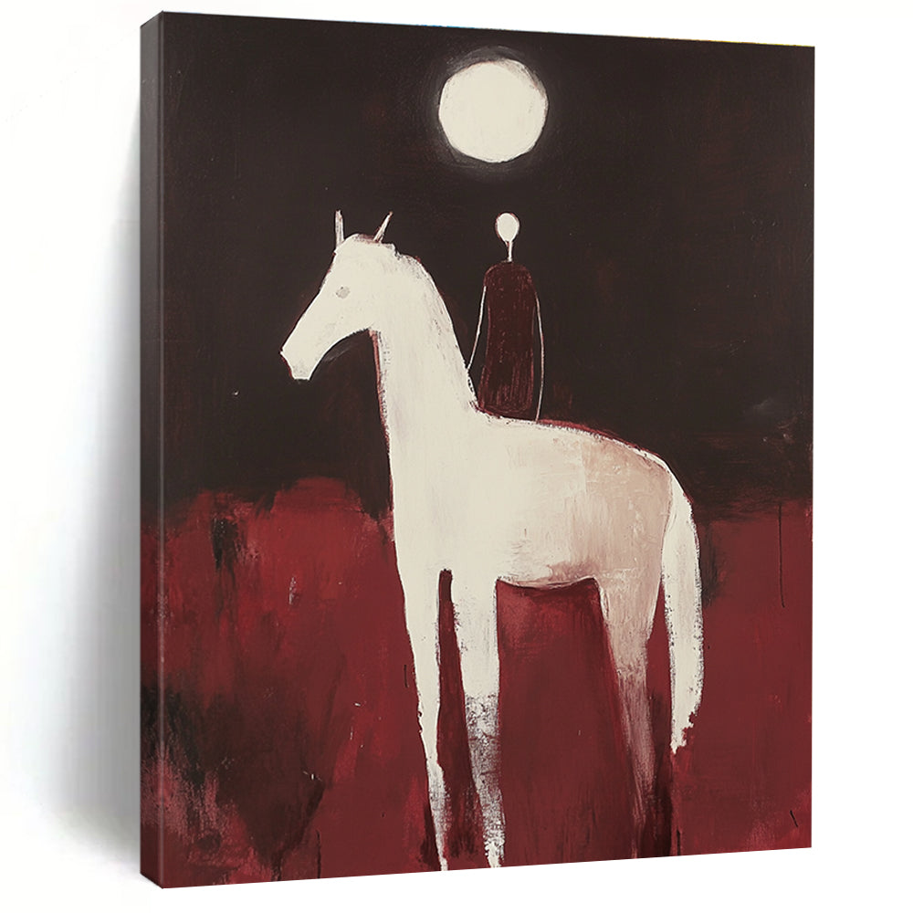 Large abstract painting of an Arabian horse and rider with minimalist forms against a dark red background illuminated by a full moon.STSC572
