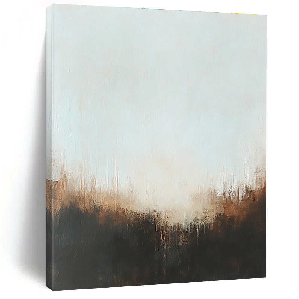 Large abstract painting with muted colors and soft edges featuring a foggy atmosphere and hints of gold accents in a low-key lighting.STSC099