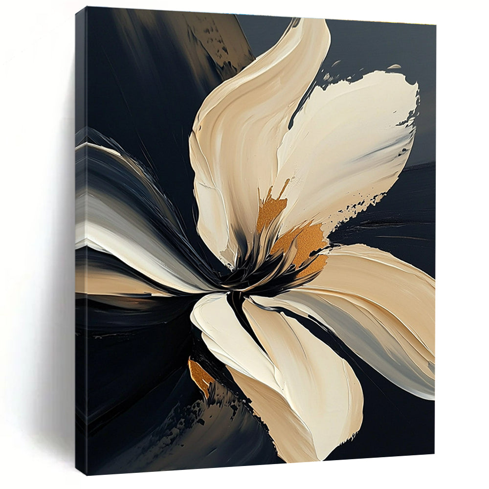 Large abstract painting of a textured white flower with bold strokes and gold accents on a dark gray background.STSC295