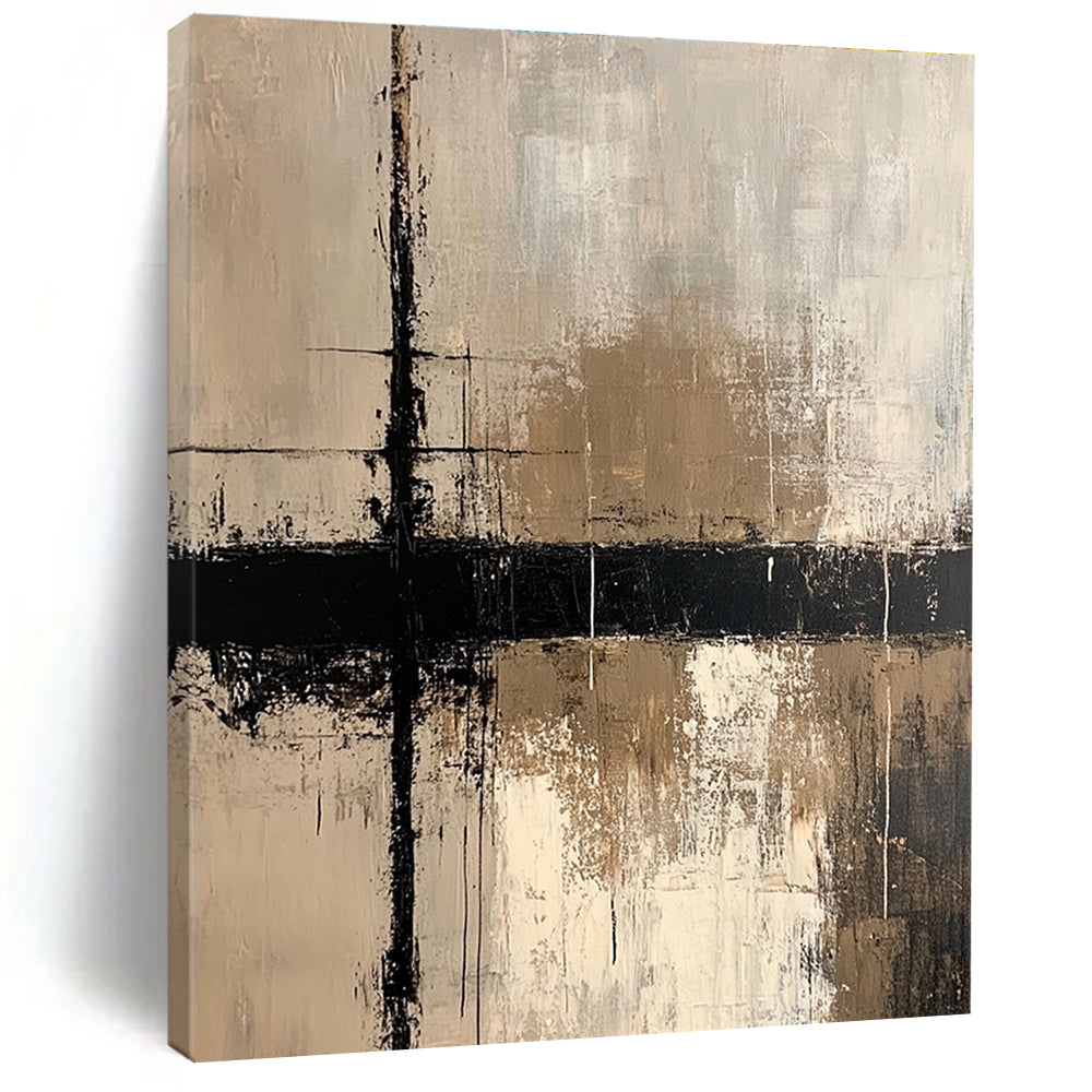 Large abstract painting with beige white and black lines on dark gray textured background featuring a prominent cross evoking tranquility and mystery.STSC437