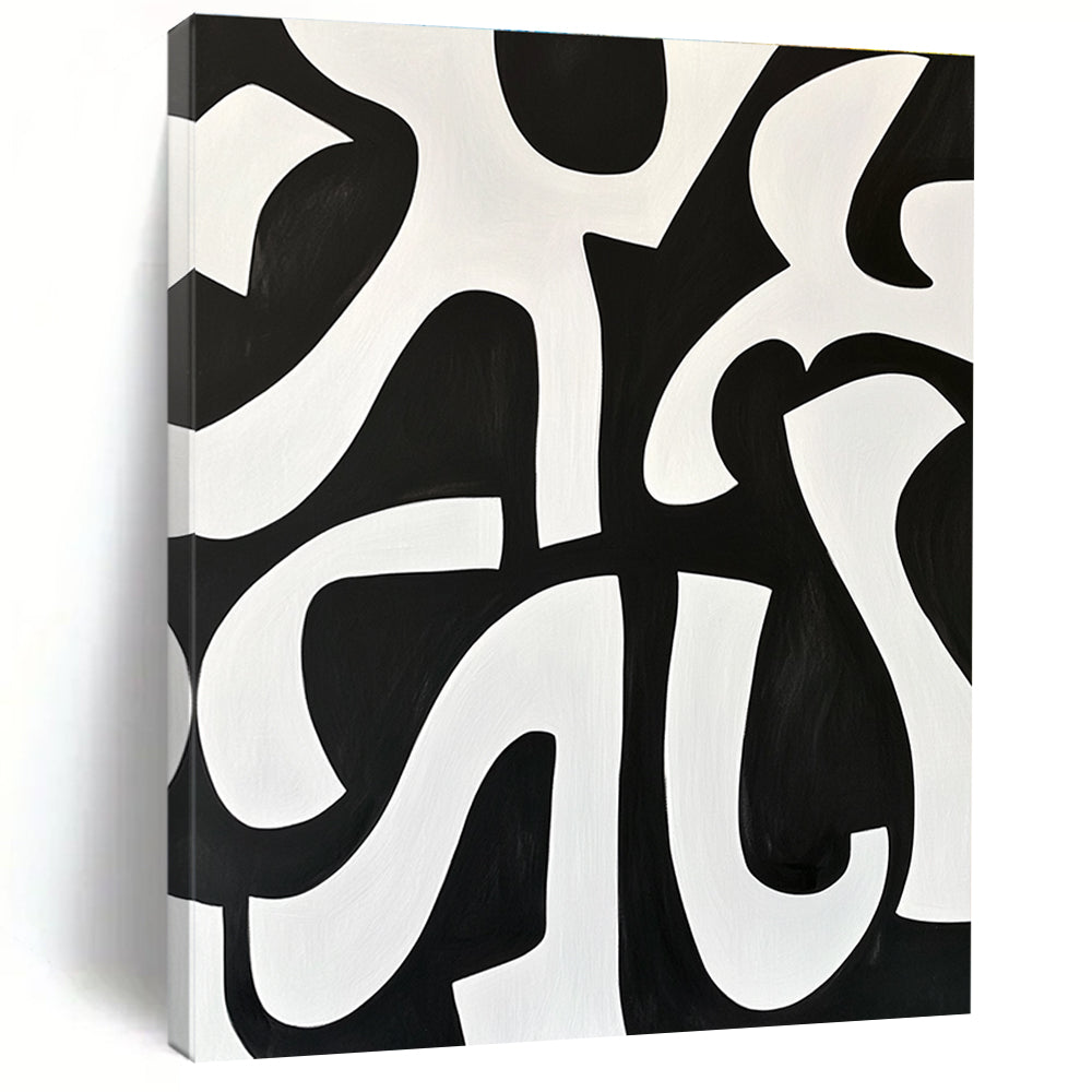 Bold Black and White Curved Abstract Painting GER236