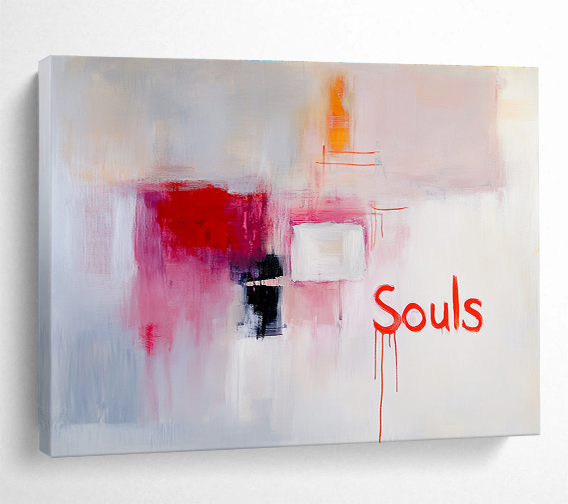 Pink and Red Abstract “Souls” Painting with Evocative Text DYP298