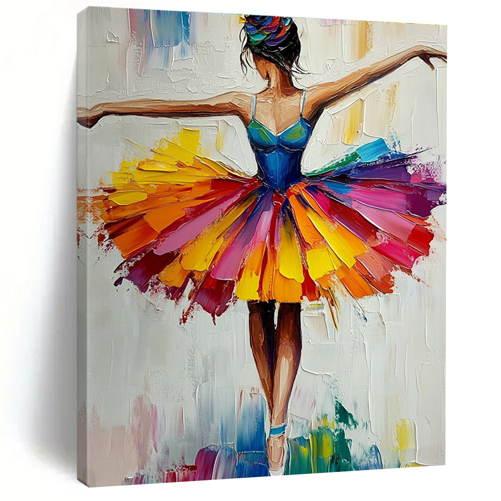 Large abstract painting of a ballerina in a colorful tutu with vibrant brush strokes and palette knife techniques against a white background.STSC156