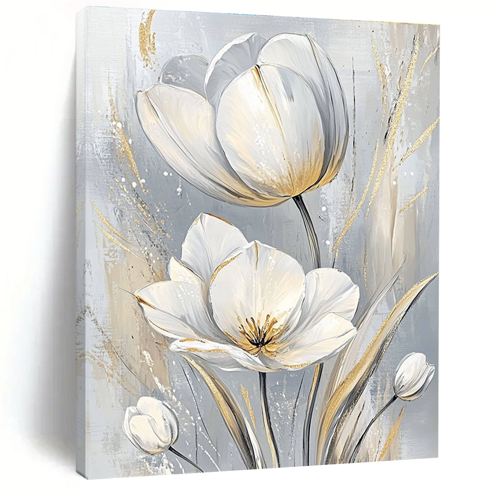 Large abstract painting featuring elegant white tulips with intricate petals and soft pastel tones creating a serene atmosphere.STSC1480