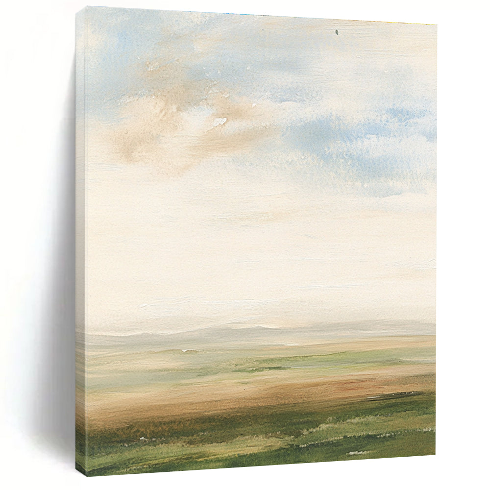 Abstract watercolor painting of an English landscape featuring soft clouds grassy fields muted colors and impressionist brush strokes.STSC497