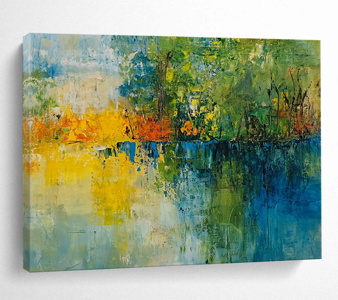 A large abstract painting featuring a vibrant landscape with trees a lake and a colorful sky perfect for home decor.SC519