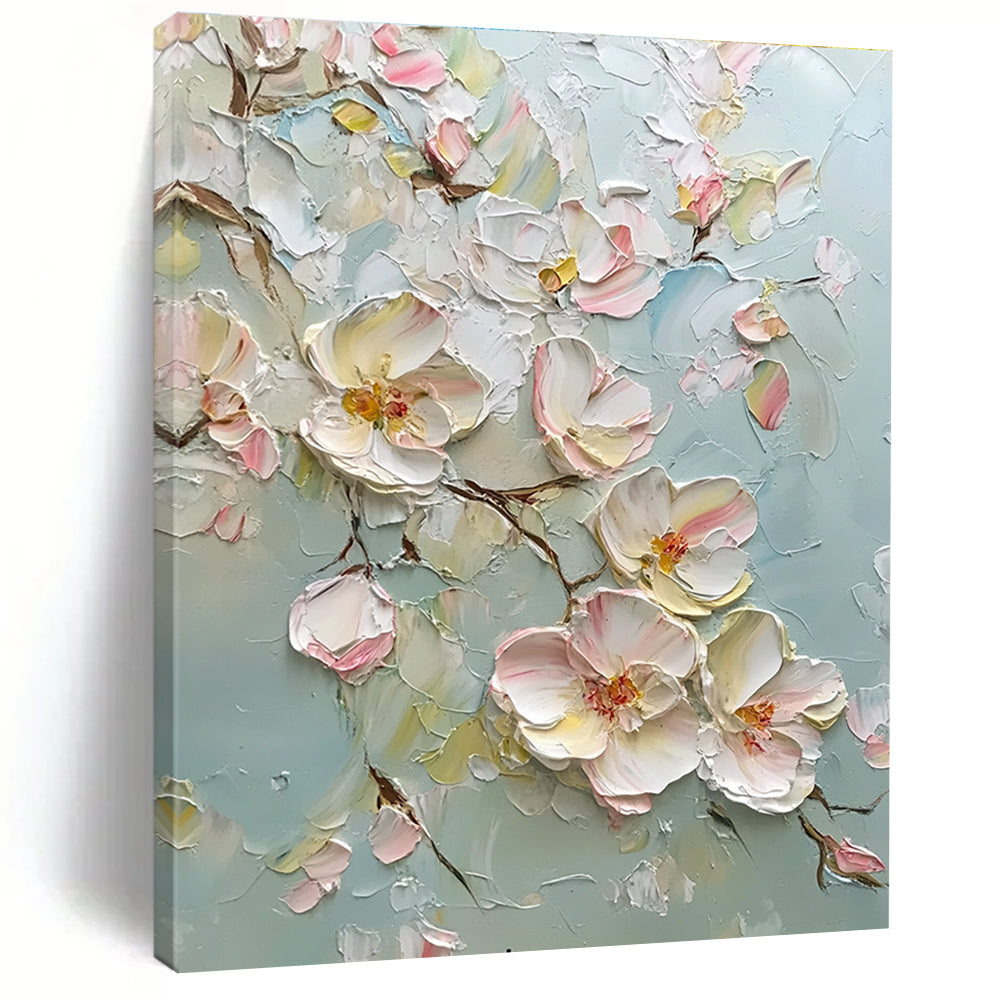 Large abstract painting featuring delicate light pink and white flowers with impasto texture creating a dreamy romantic atmosphere and vibrant colors.STSC1371