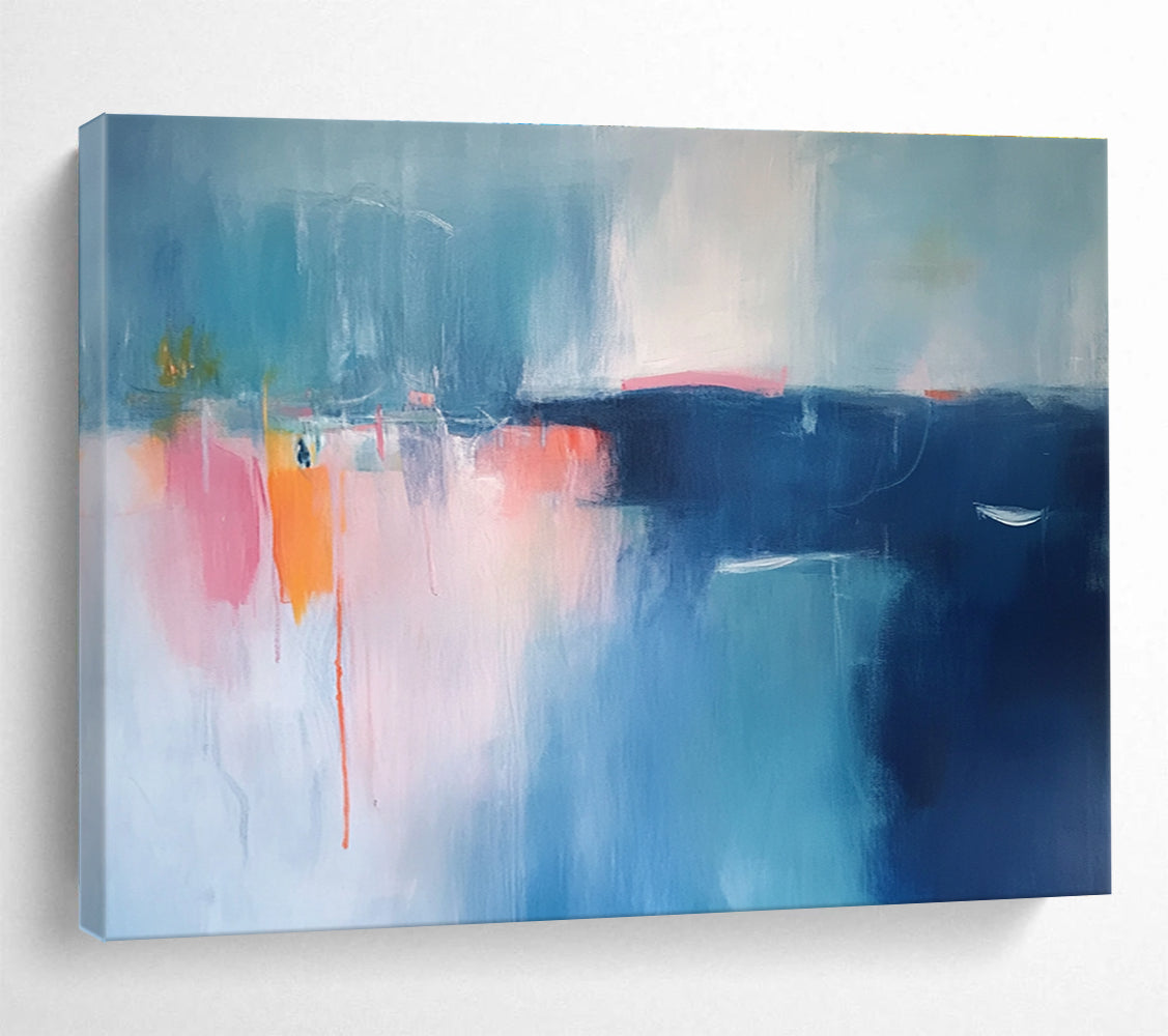 Large abstract painting featuring serene blue and pink tones with blurred edges and distant boats, evoking a minimalist coastal atmosphere.SC063