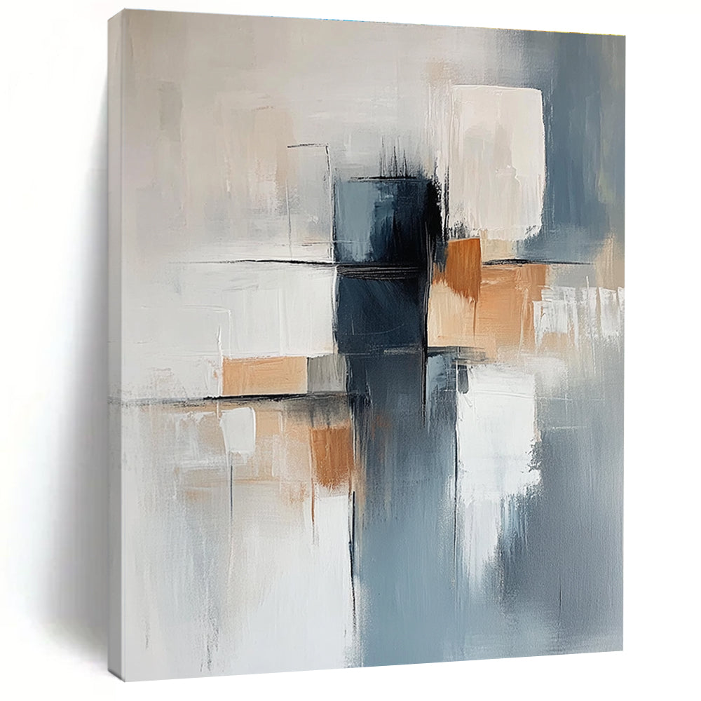 Large abstract painting featuring a light blue and gray background with soft lines and elegant white shapes complemented by dark blocks and warm accents.STSC400