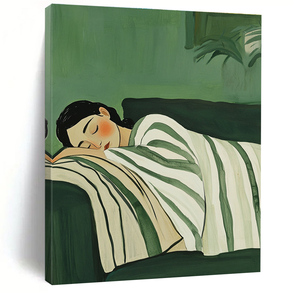 Abstract painting of a woman sleeping on a couch wrapped in a white and green striped blanket on a muted green background.STSC1264