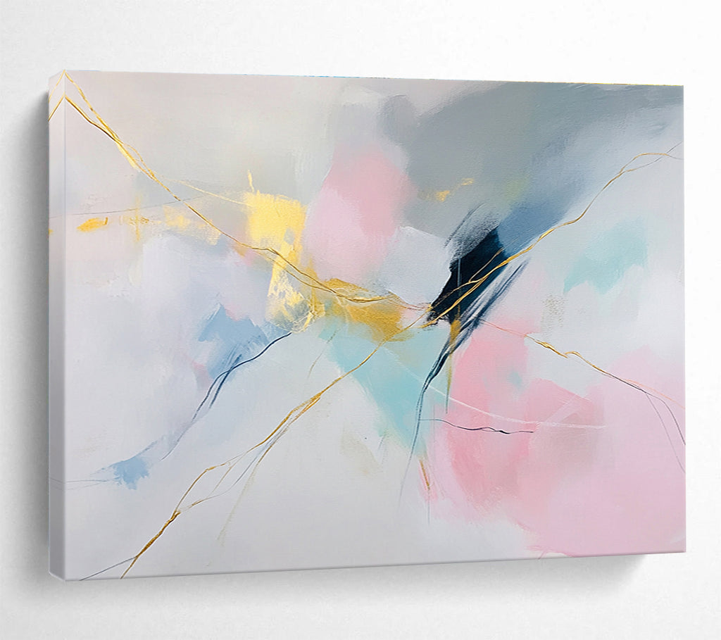 Large abstract painting featuring soft colors on white background with pink blue hues and gold accents delicate strokes create serene shapesSC282