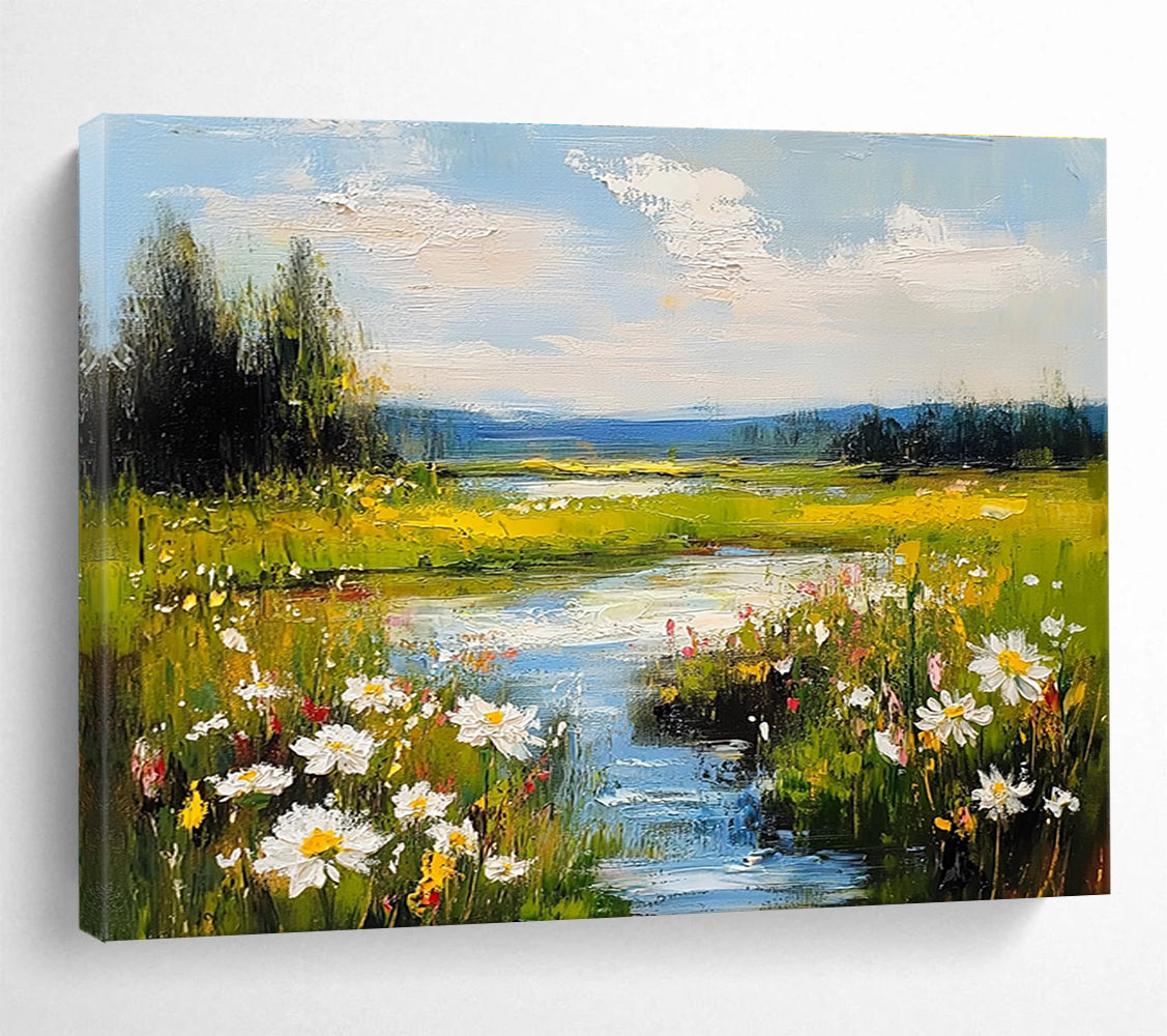 Flower - Filled River Valley Impressionistic Abstract Painting with Bright Colors DYP594